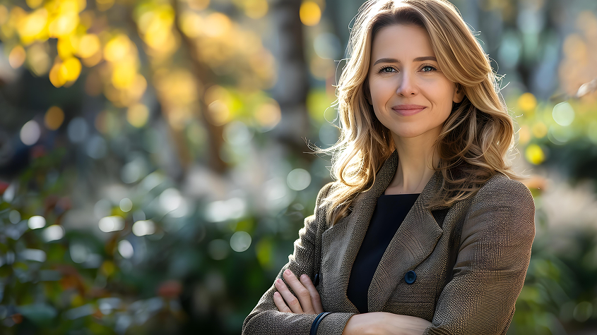 Женщина 35 лет в московском парке, смотрит с лёгкой улыбкой на лице, ощущая спокойствие и обновление после массажа