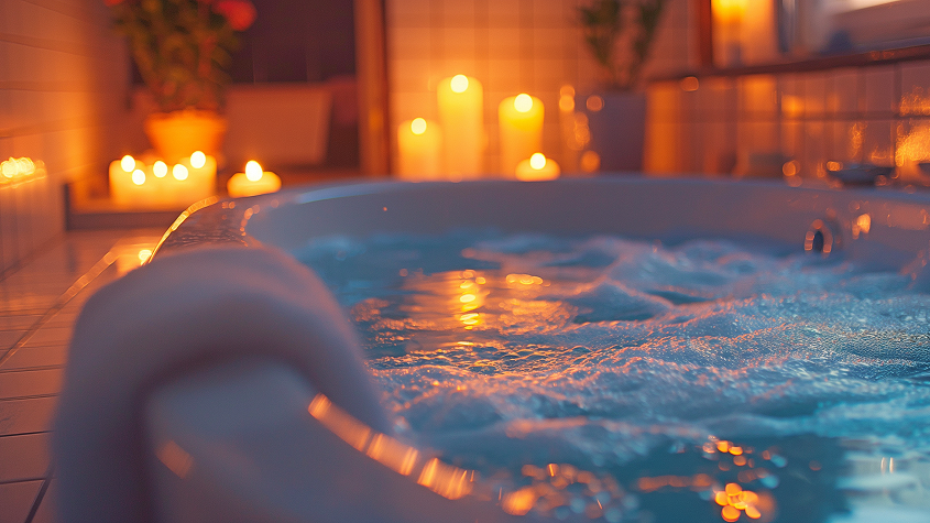 Спа студия с джакузи и с приглушенным светом при свечах подготовлены для SPA-сеанса